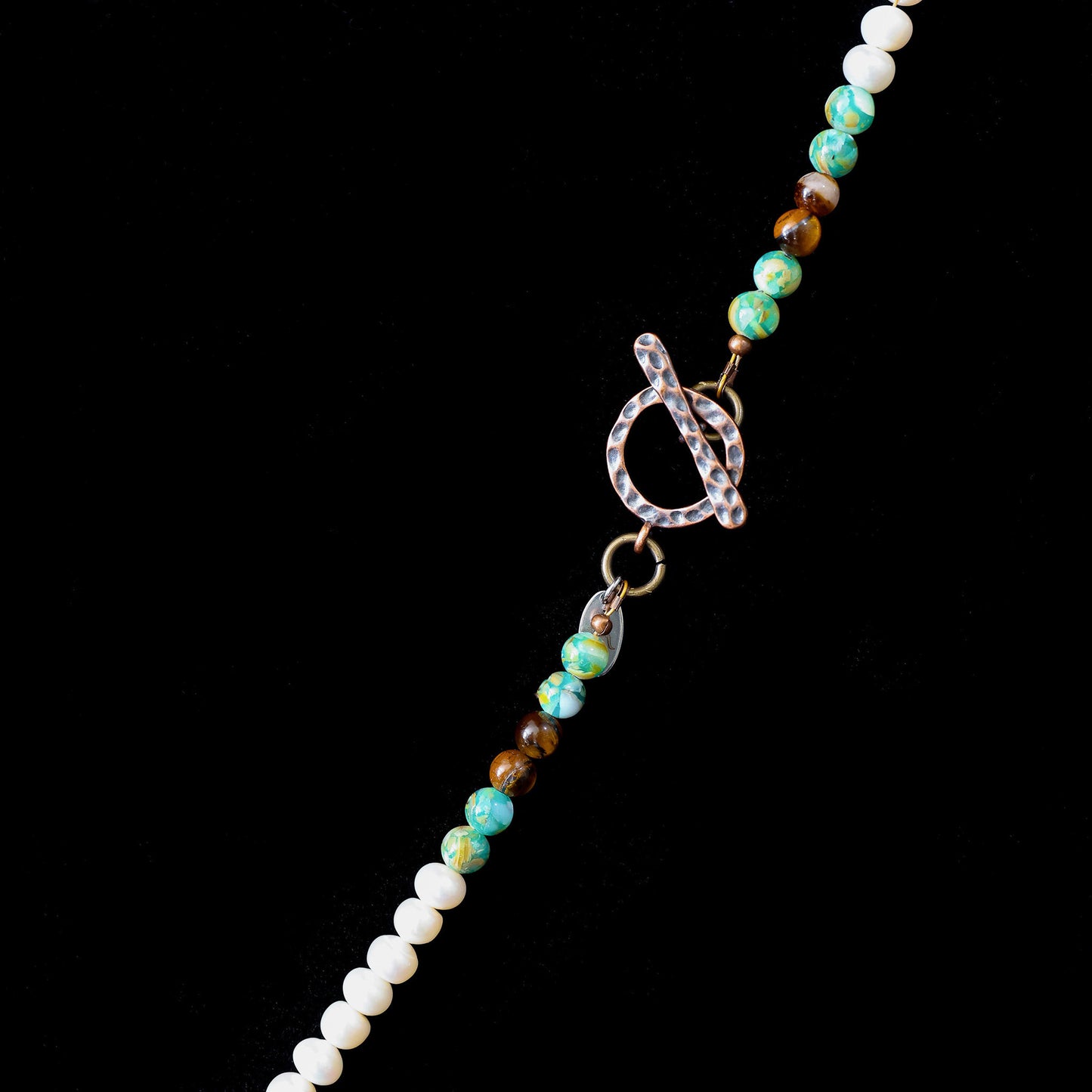 20" Kingman Turquoise & Baroque Pearl Western Necklace with Copper Toggle Clasp 101