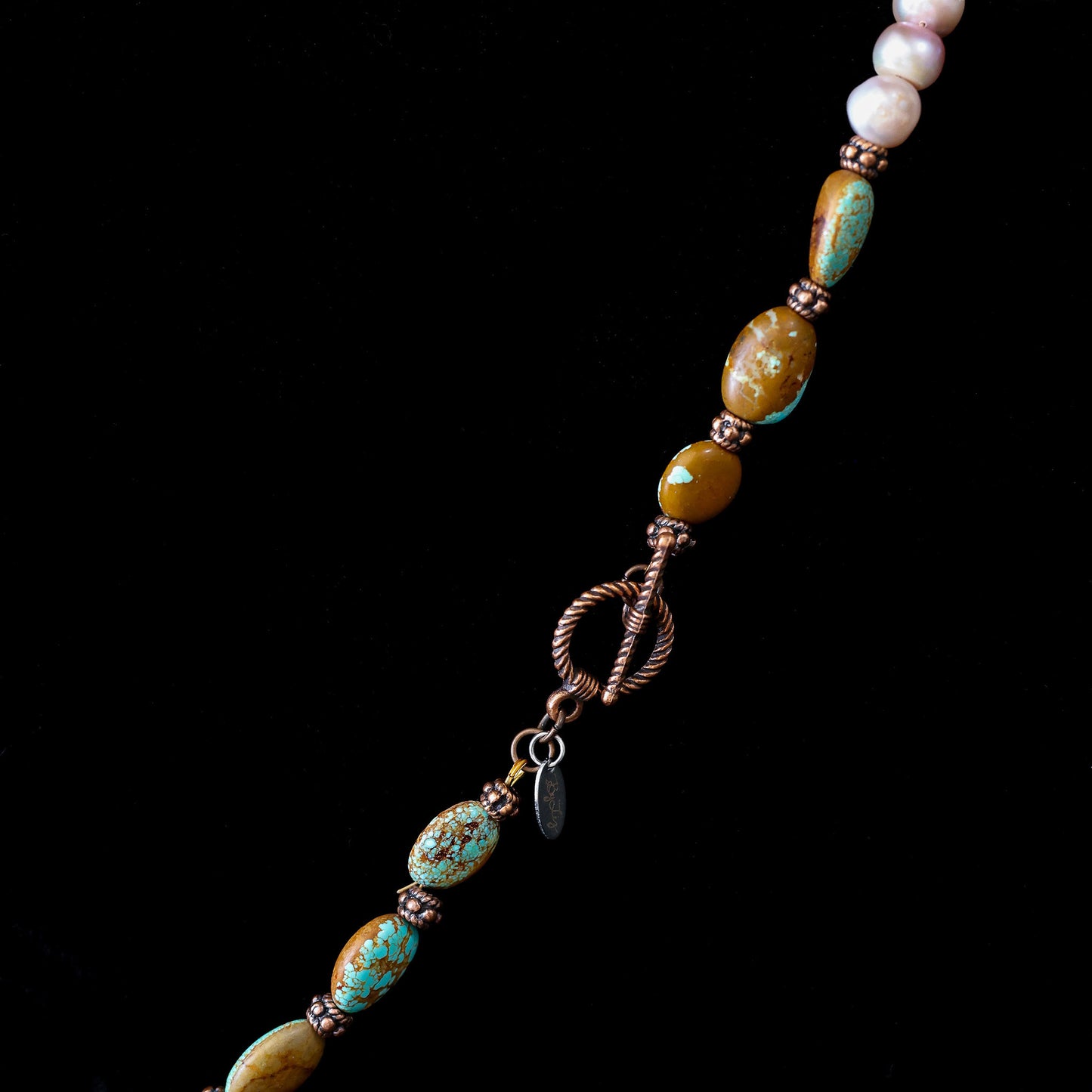 19" No. 8 Turquoise & FW Pearl Necklace with Copper Toggle Clasp 106
