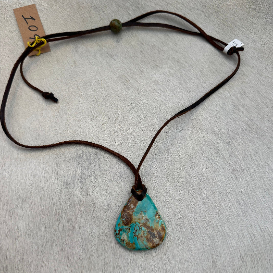 Kingman Turquoise Leather Necklace with Adjustable Cowhide Cord 109