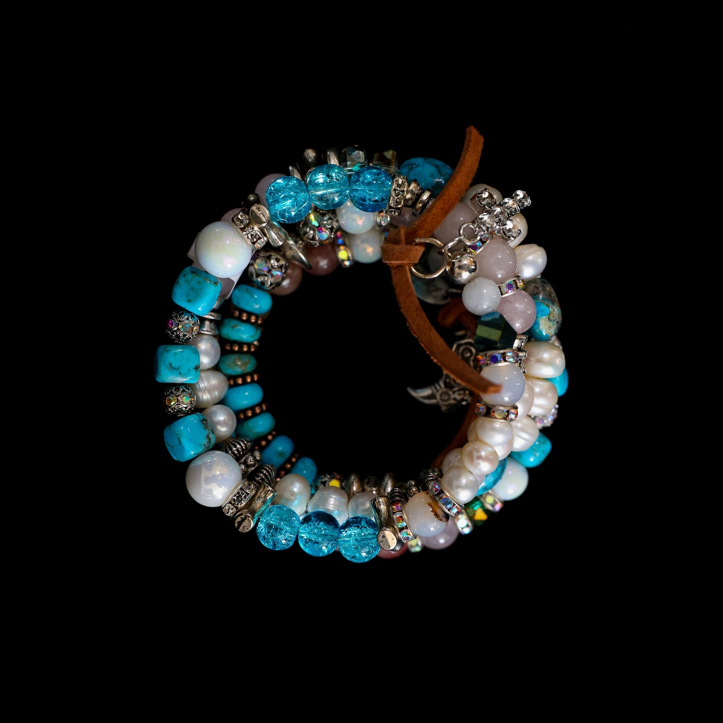Kingman Turquoise, Freshwater Pearl & Rose Quartz Wrap Bracelet 152