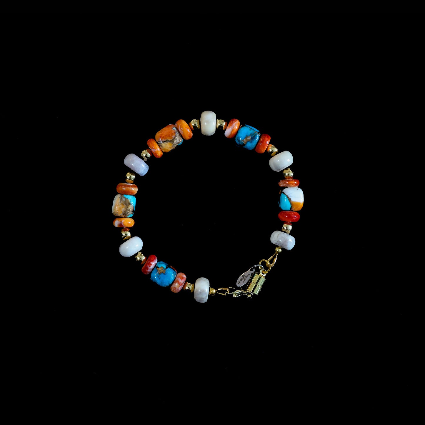 7" Kingman Spiny Oyster Turquoise Bracelet with Gold Magnetic Clasp 161