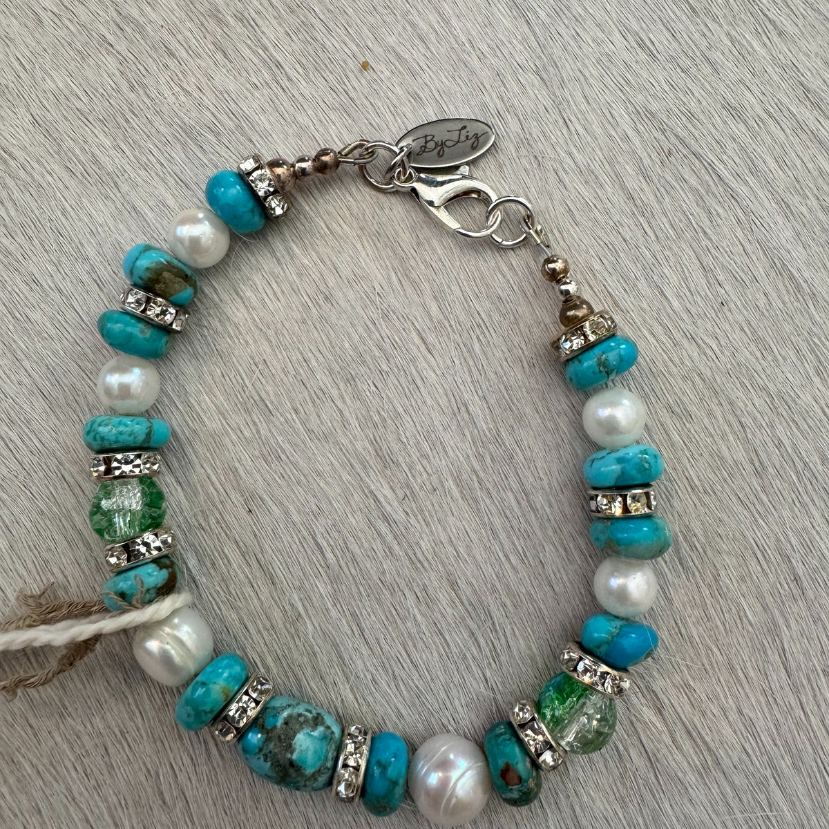 7" Kingman Turquoise & Freshwater Pearl Bracelet with Silver Lobster Clasp 170