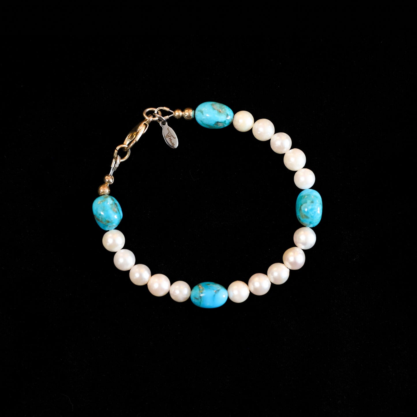 6.5" Kingman Turquoise & Freshwater Pearl Bracelet with Silver Lobster Clasp 173