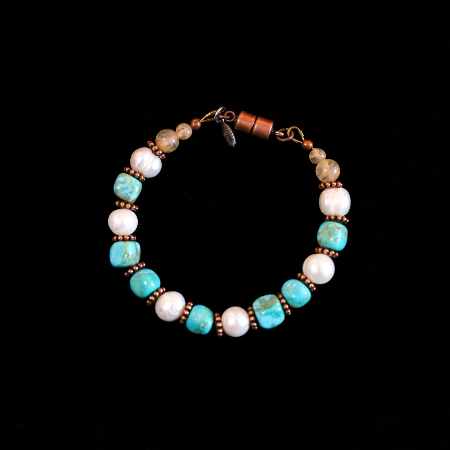 6" Kingman Turquoise & Freshwater Pearl Bracelet with Copper Magnetic Clasp 175