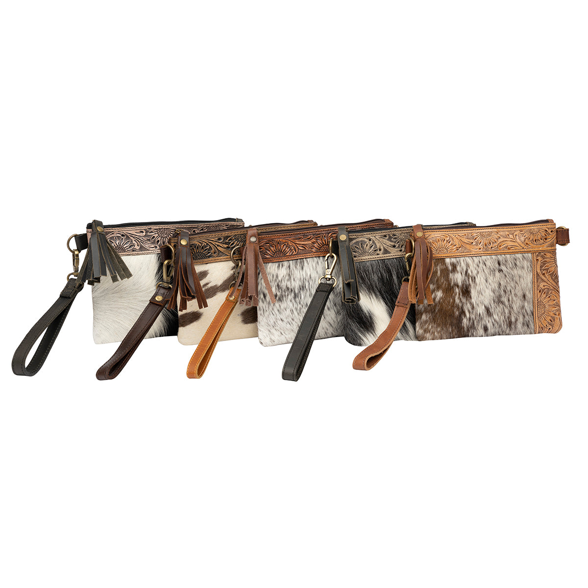 Cowhide with Embossed Leather and Fringe Purse Clutch Handbag Tan 1