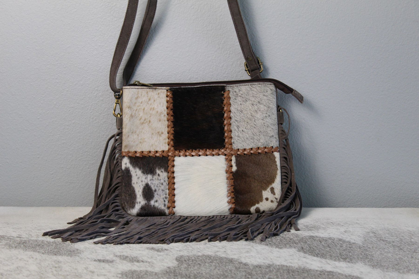 Cowhide Patchwork Leather Fringe Purse Handbag Khaki