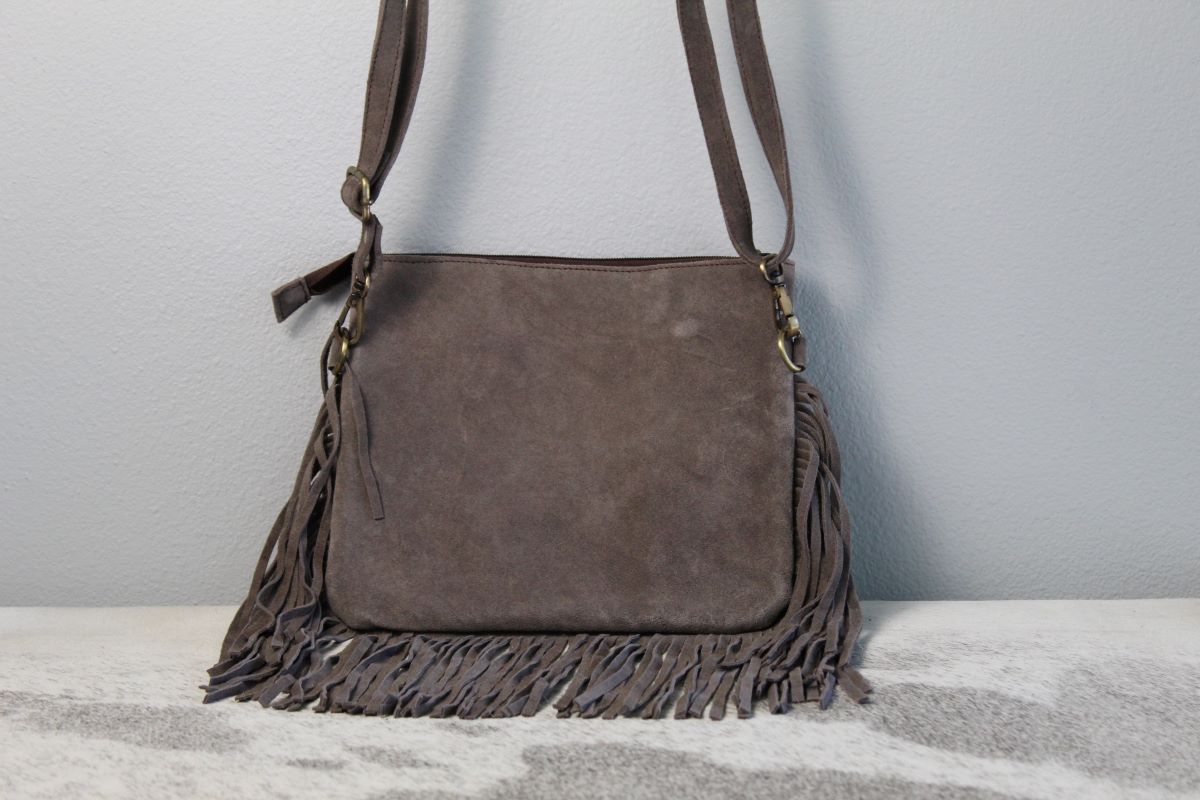 Cowhide Patchwork Leather Fringe Purse Handbag Khaki
