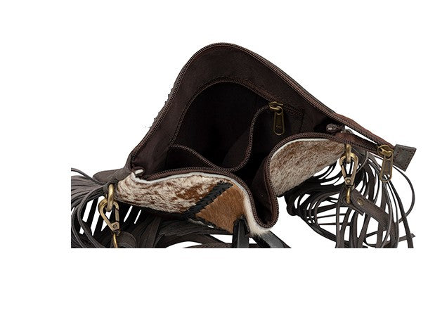 Cowhide Patchwork Leather Fringe Purse Handbag Black