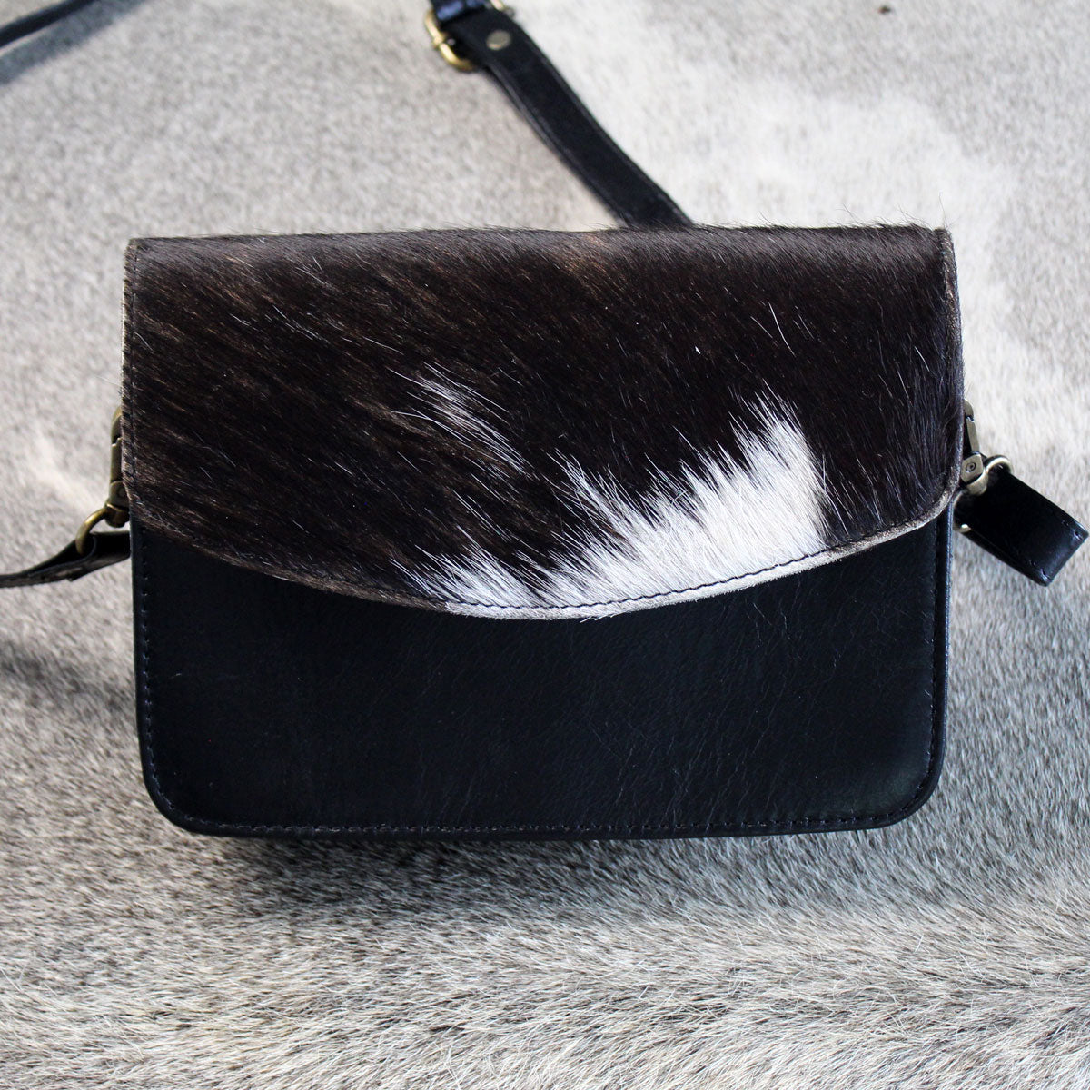 Leather Hide on Hair Small Crossbody Bag Purse Black 1