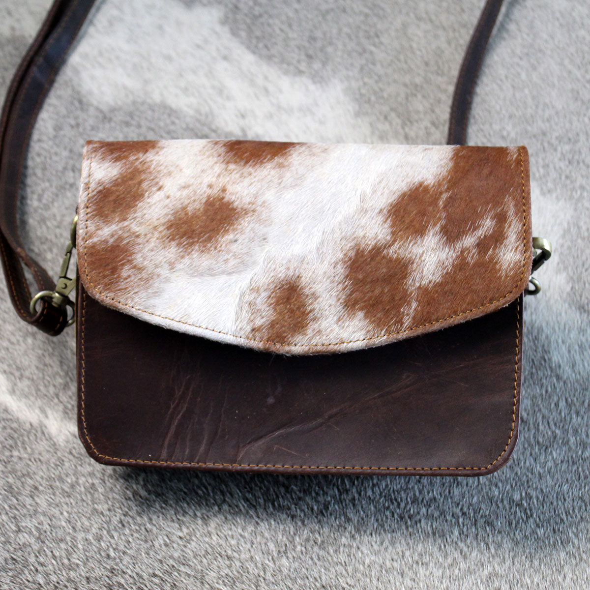 Leather Hair on Hide Small Crossbody Bag Purse Brown 1