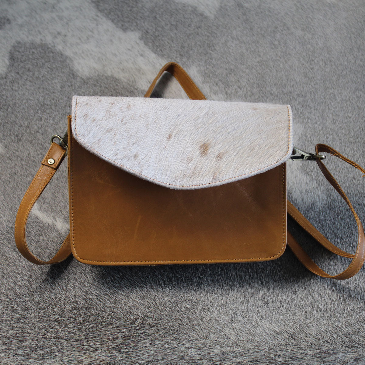 Leather Hair on Hide Small Crossbody Bag Purse Tan 1