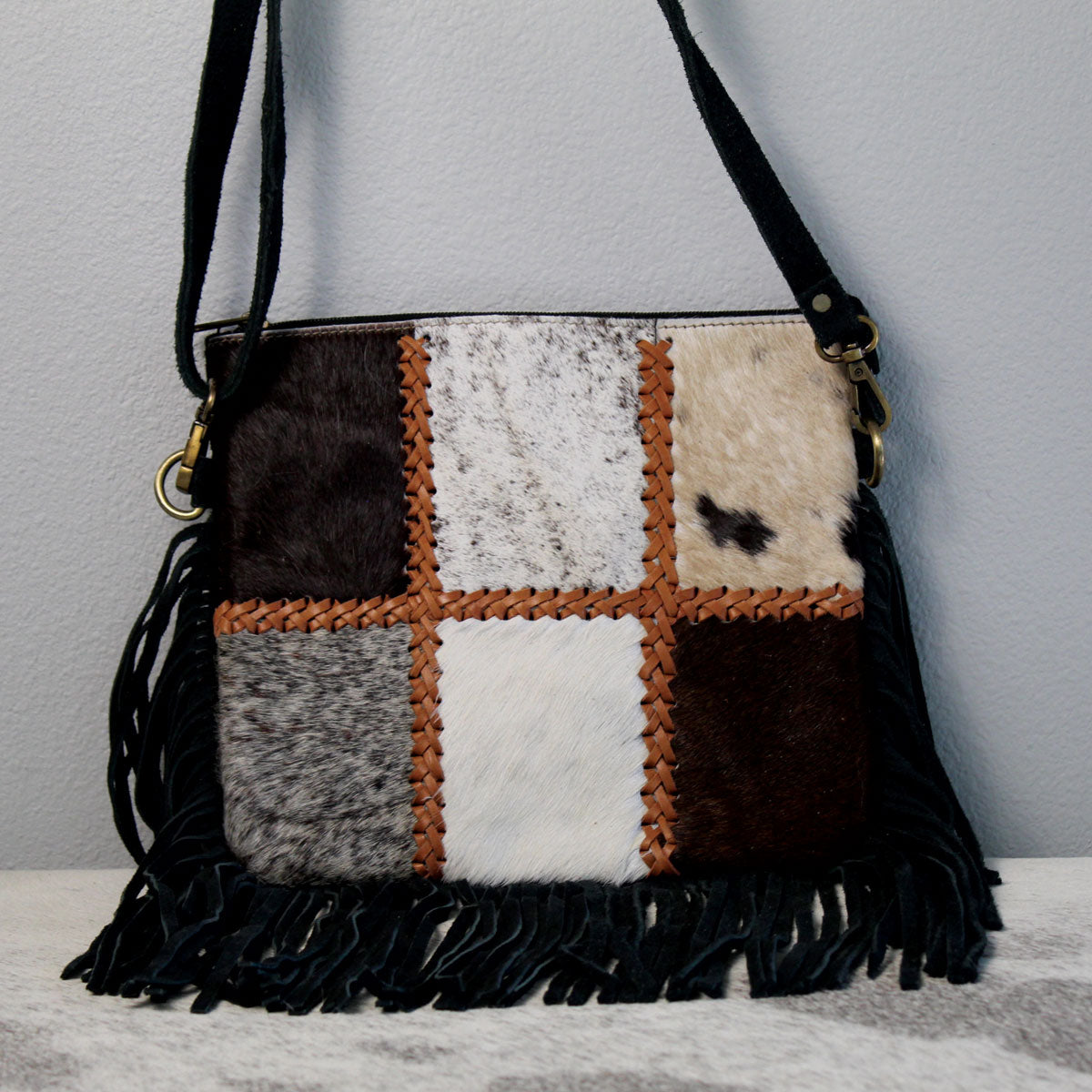 Cowhide Patchwork Leather Fringe Purse Handbag Black