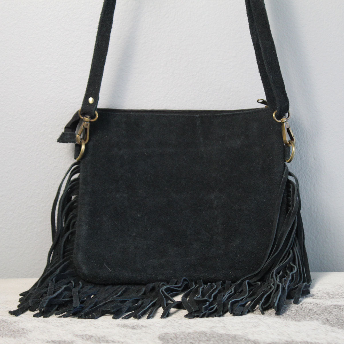 Cowhide Patchwork Leather Fringe Purse Handbag Black