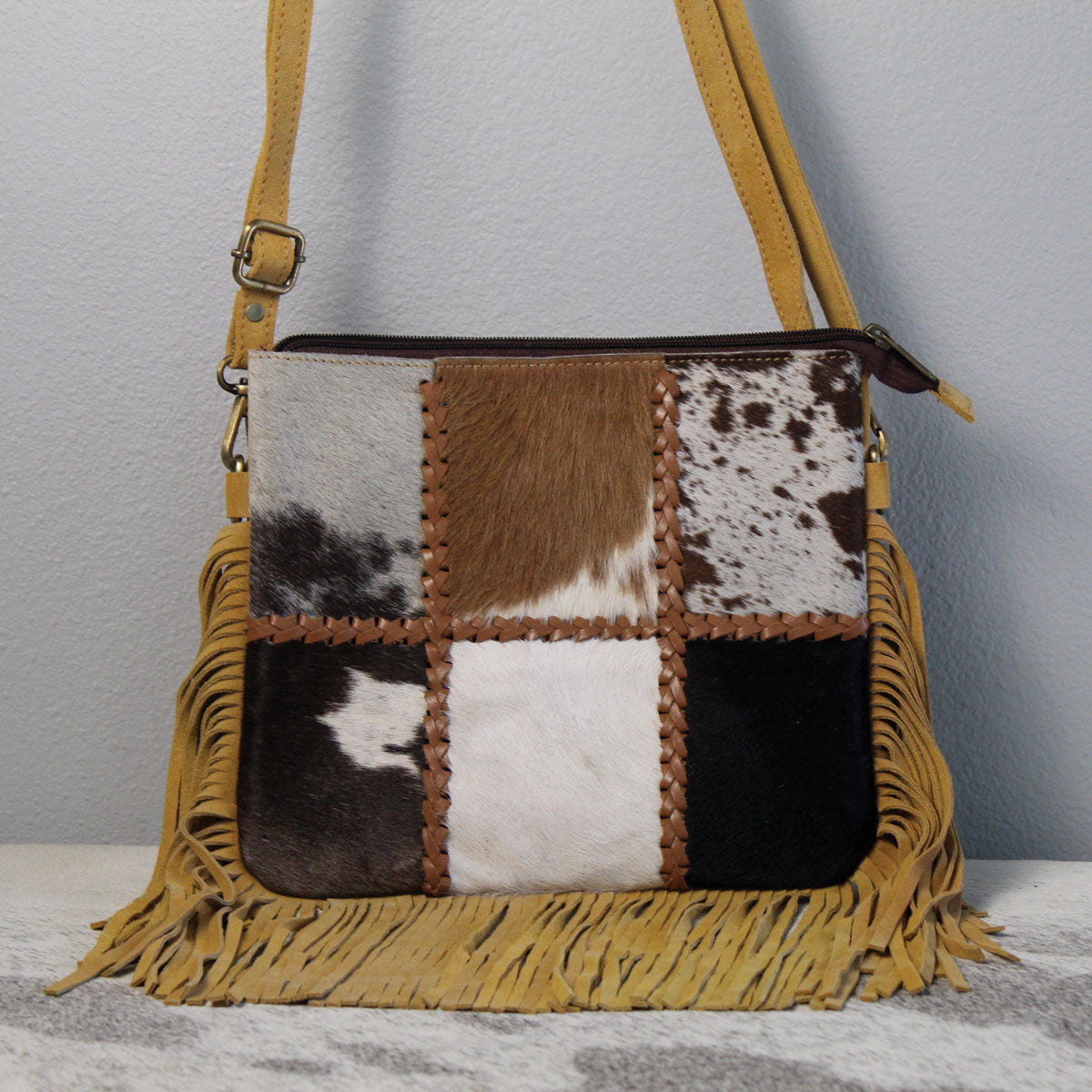 Cowhide Patchwork Fringe Leather Purse Handbag Tan