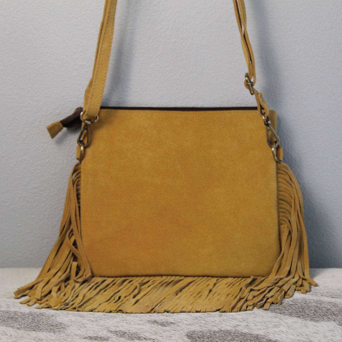 Cowhide Patchwork Fringe Leather Purse Handbag Tan