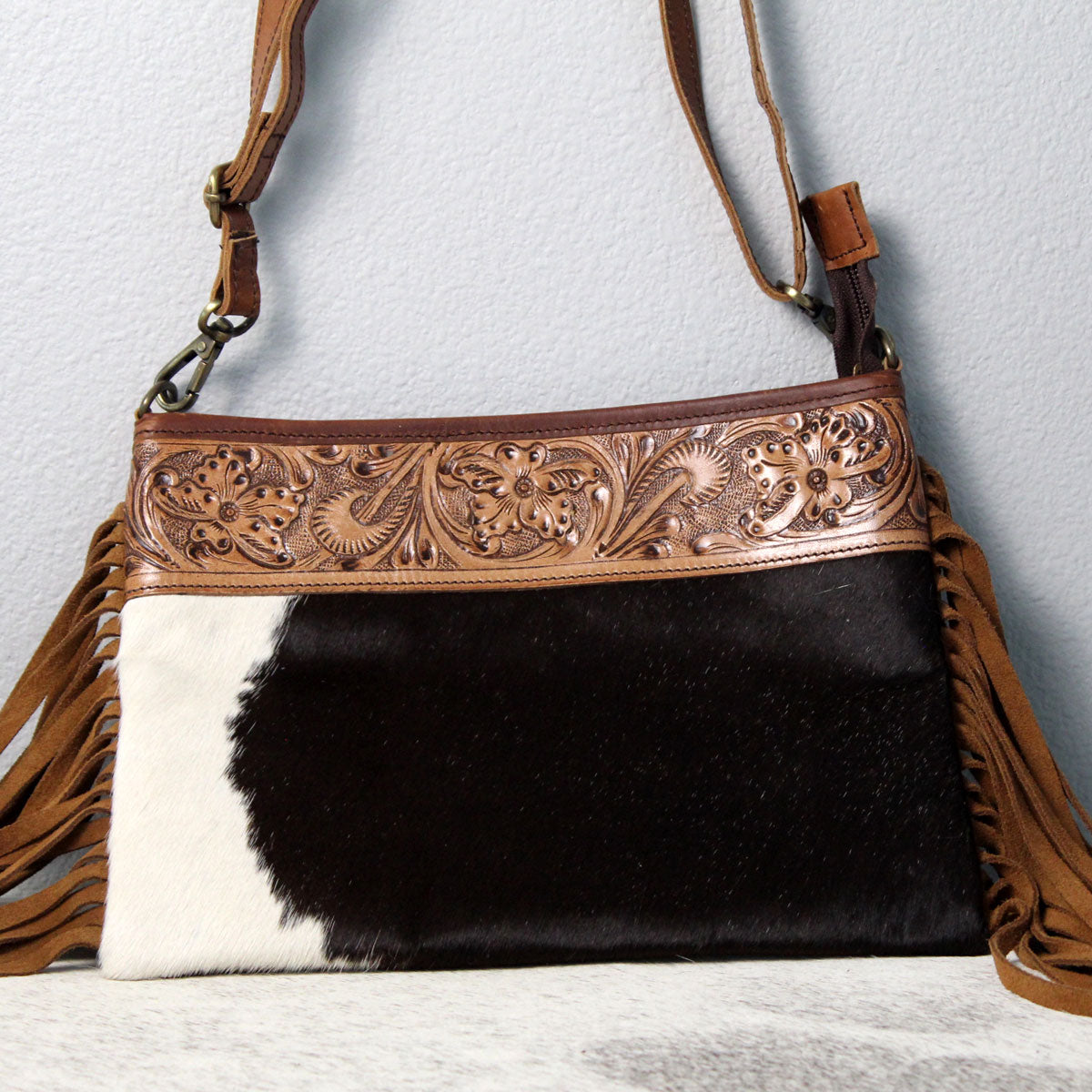 Cowhide with Embossed Leather and Fringe Dark Brown 1