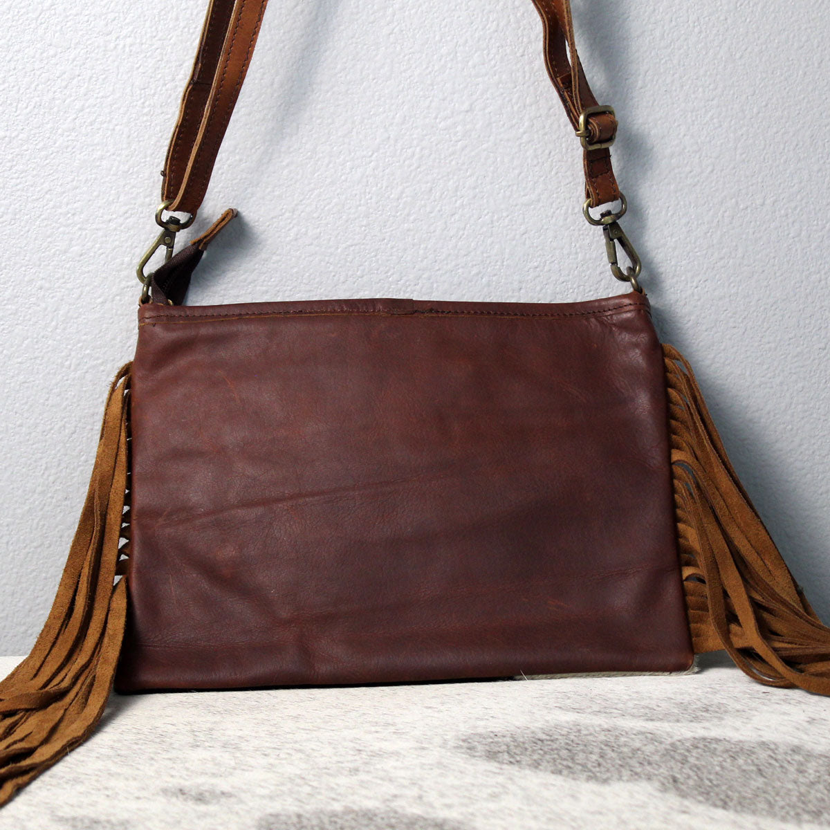 Cowhide with Embossed Leather and Fringe Dark Brown 1