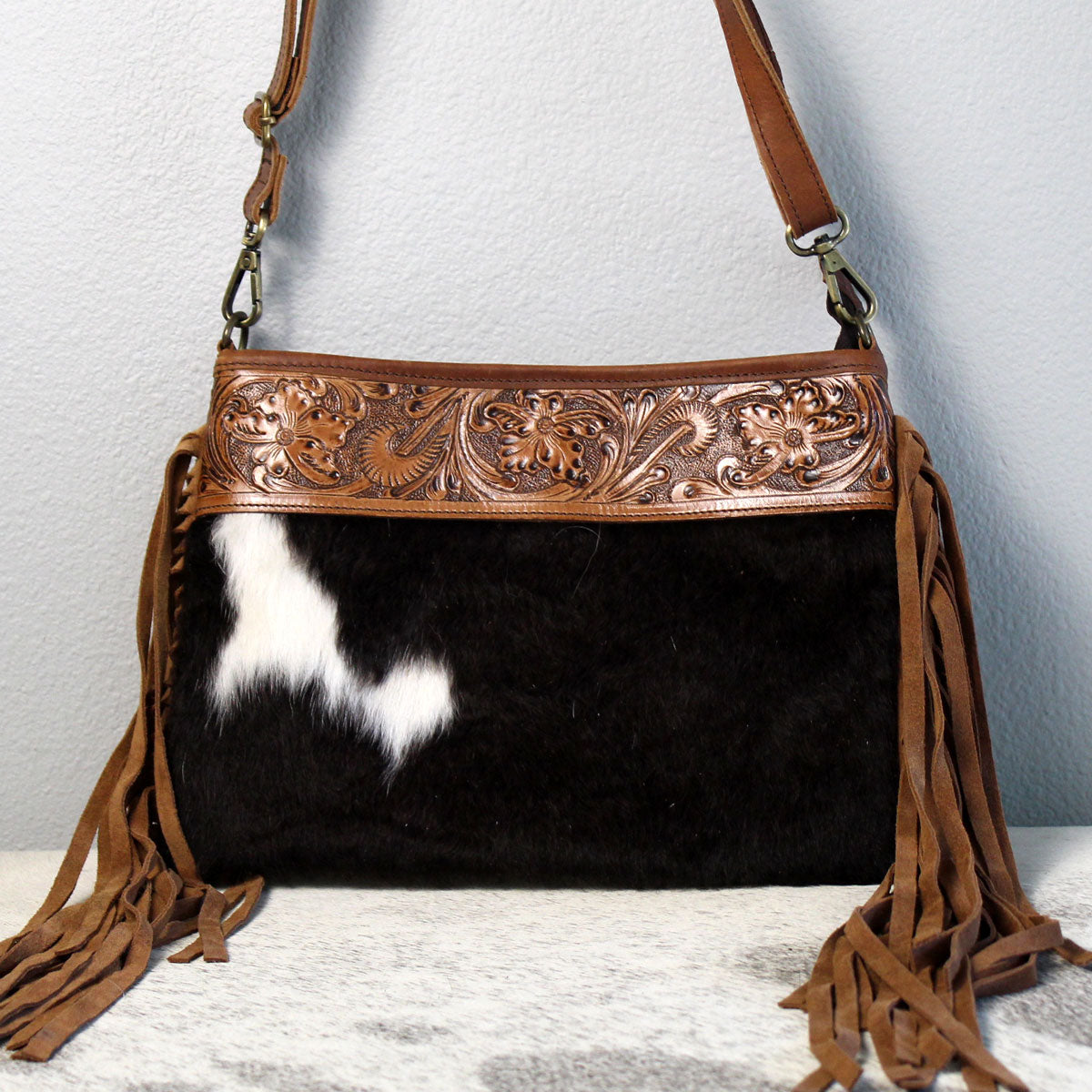 Cowhide with Embossed Leather and Fringe Purse Handbag Dark Brown 2