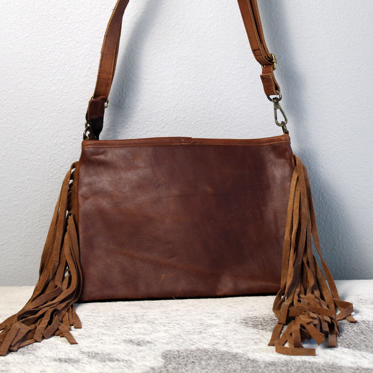 Cowhide with Embossed Leather and Fringe Purse Handbag Dark Brown 2