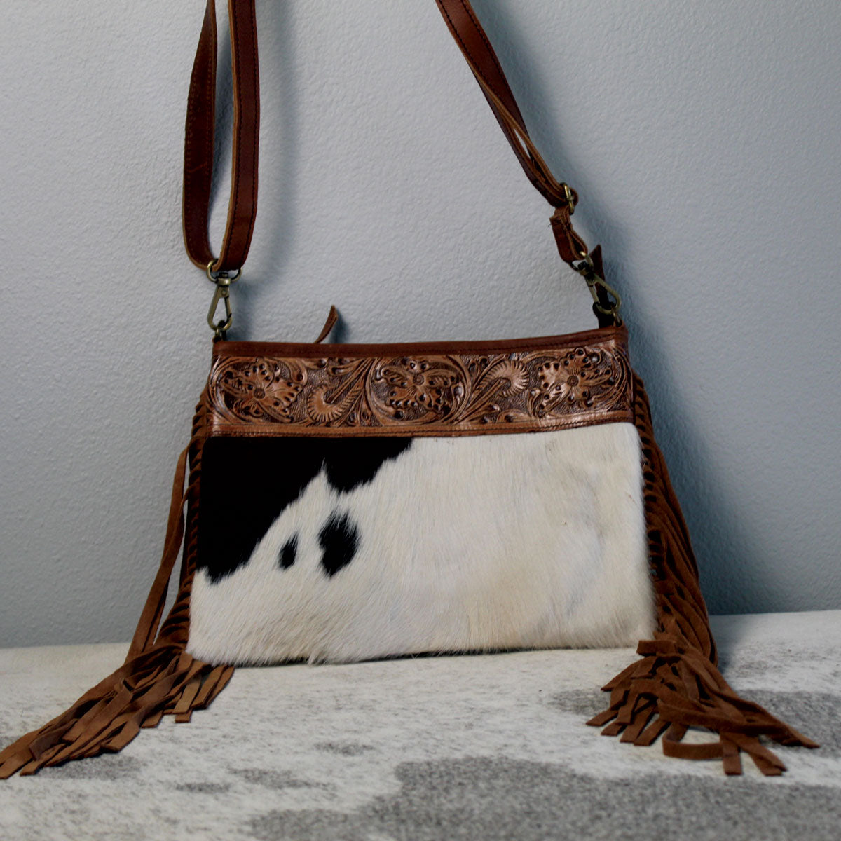 Cowhide with Embossed Leather and Fringe Purse Handbag Dark Brown 3