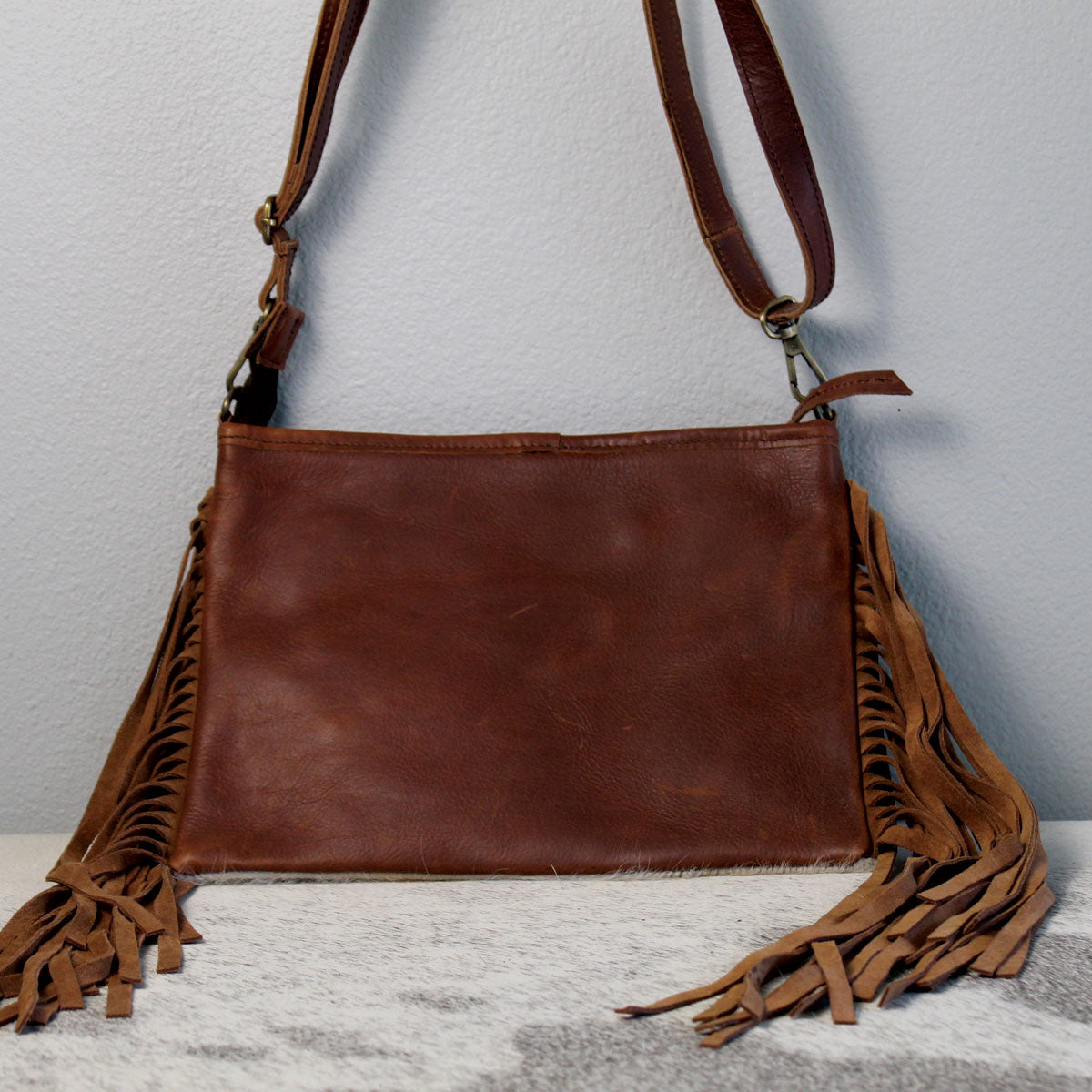 Cowhide with Embossed Leather and Fringe Purse Handbag Dark Brown 3