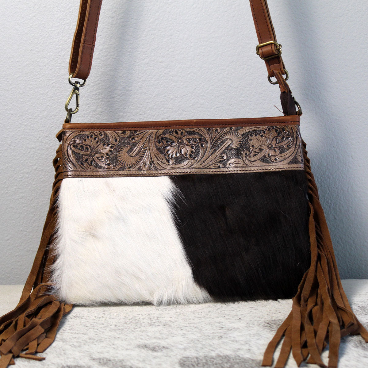 Cowhide with Embossed Leather and Fringe Purse Handbag Dark Brown 4