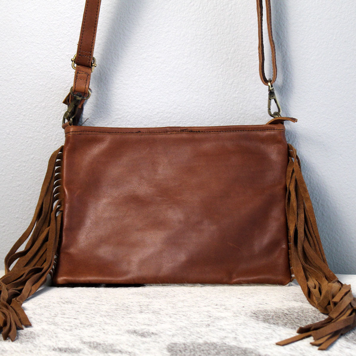 Cowhide with Embossed Leather and Fringe Purse Handbag Dark Brown 4