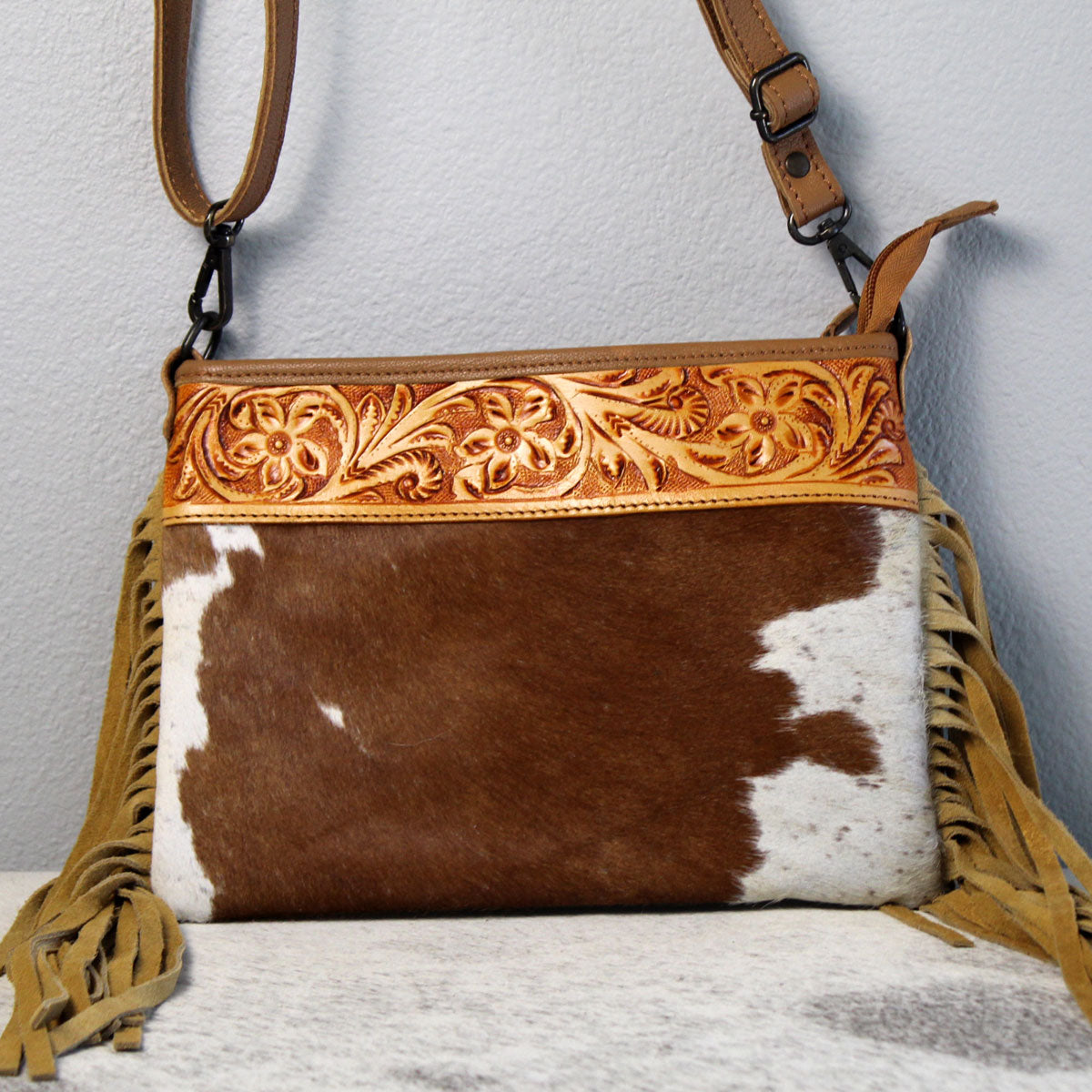 Cowhide with Embossed Leather and Fringe Purse Clutch Handbag Tan 1