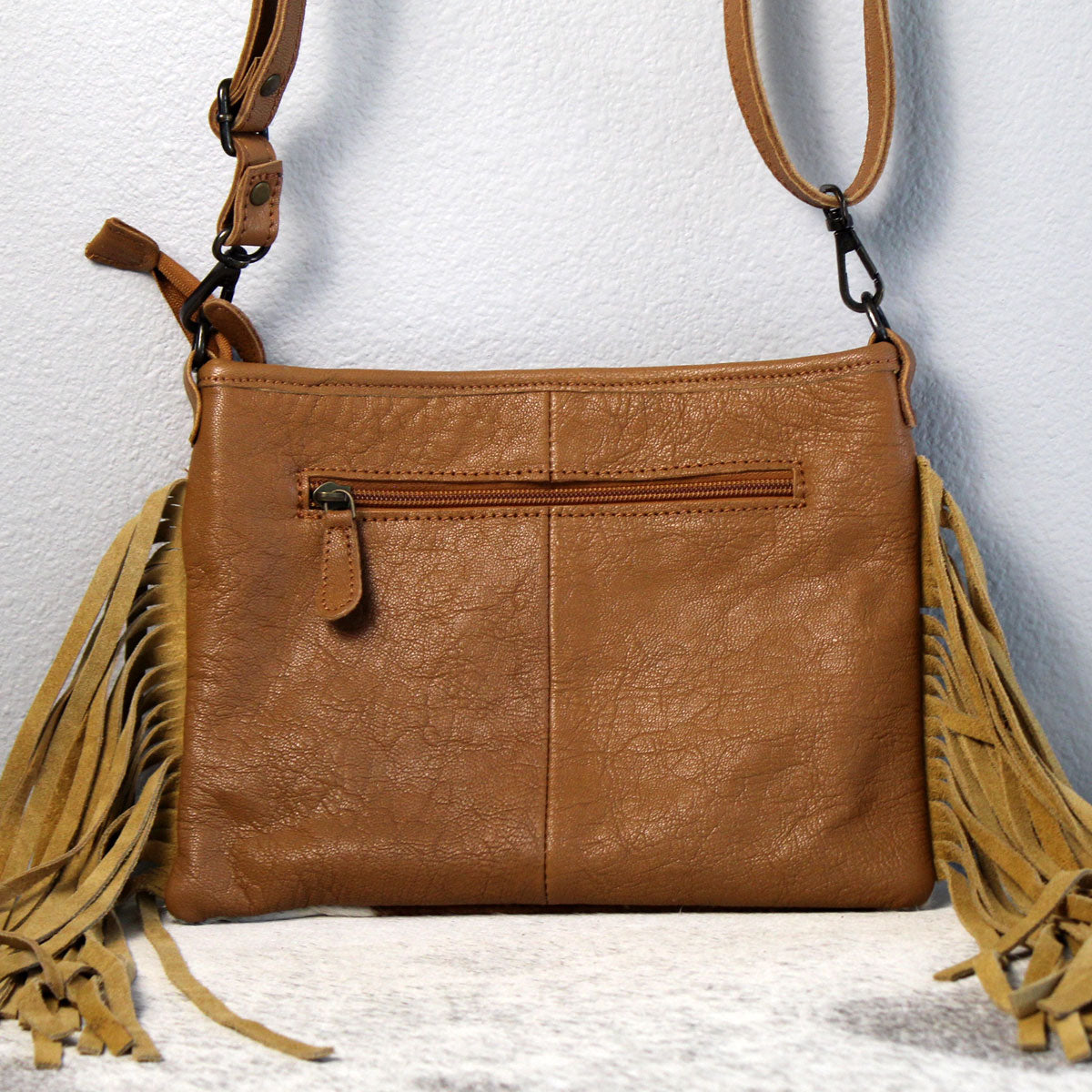 Cowhide with Embossed Leather and Fringe Purse Clutch Handbag Tan 1
