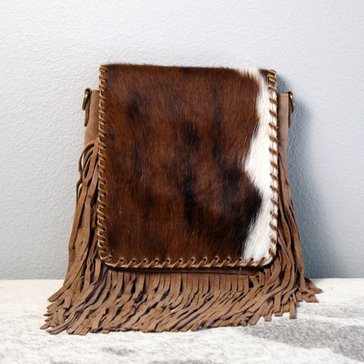 Fringed Square Cowhide Crossbody Purse Bag Khaki 1
