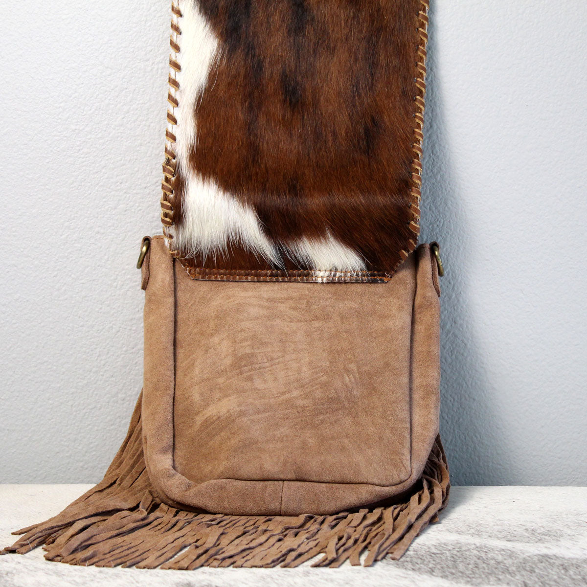 Fringed Square Cowhide Crossbody Purse Bag Khaki 1
