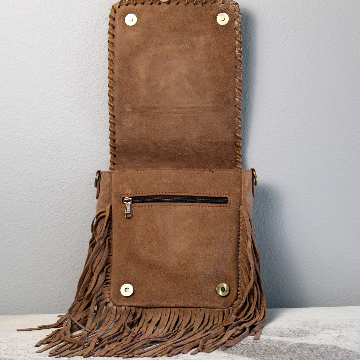 Fringed Square Cowhide Crossbody Purse Bag Khaki 1