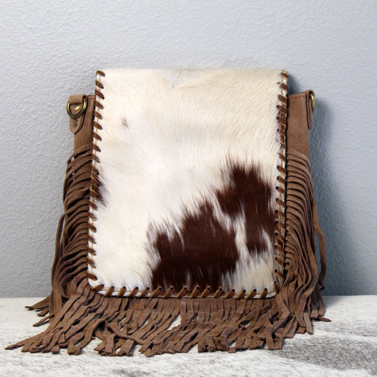 Fringed Square Cowhide Crossbody Purse Bag Khaki 2