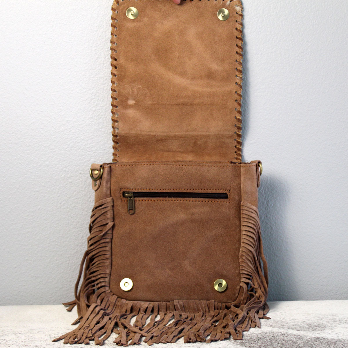 Fringed Square Cowhide Crossbody Purse Bag Khaki 2