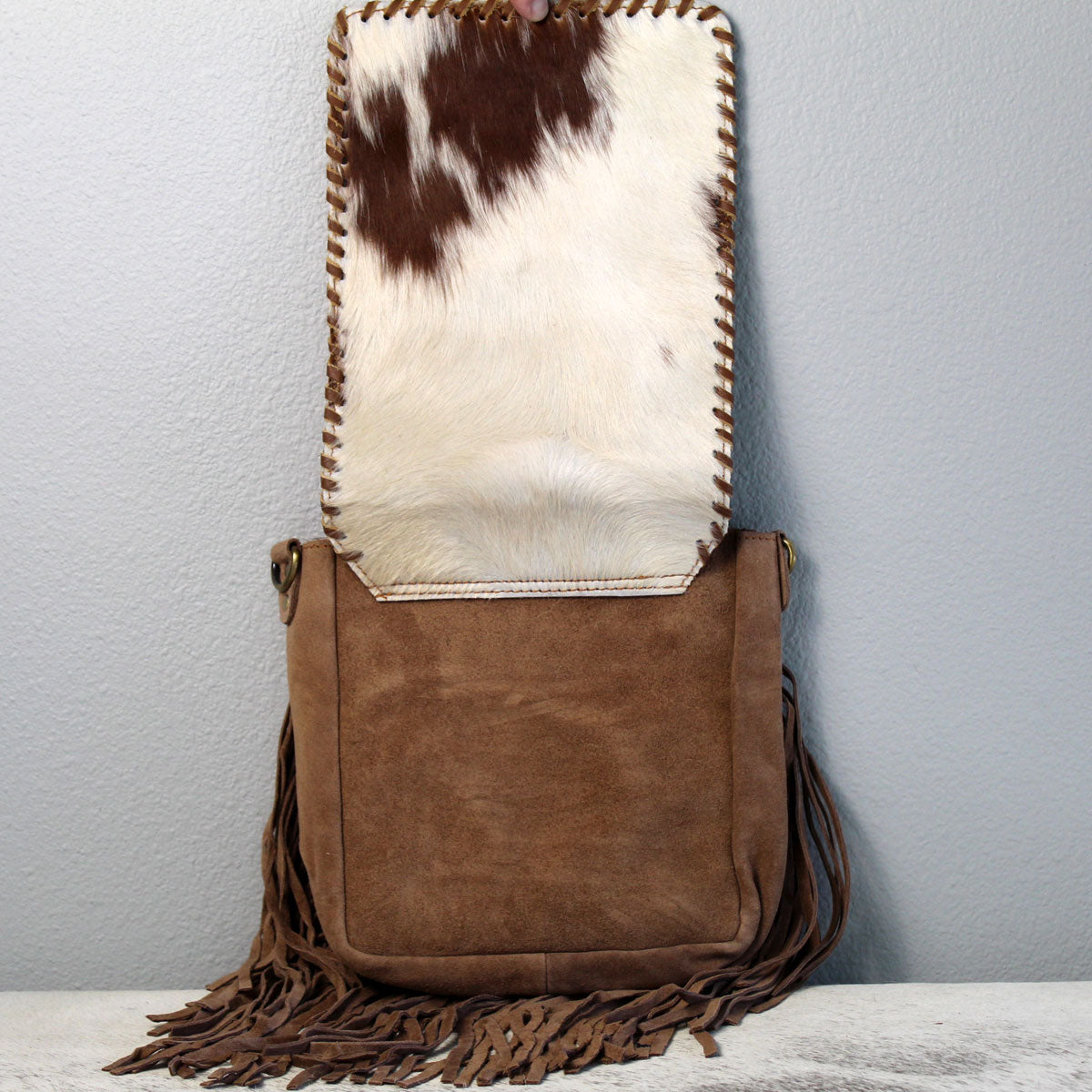 Fringed Square Cowhide Crossbody Purse Bag Khaki 2