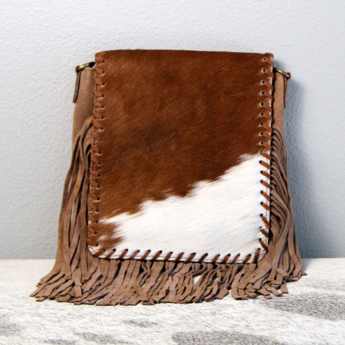 Fringed Square Cowhide Crossbody Purse Bag Khaki 3