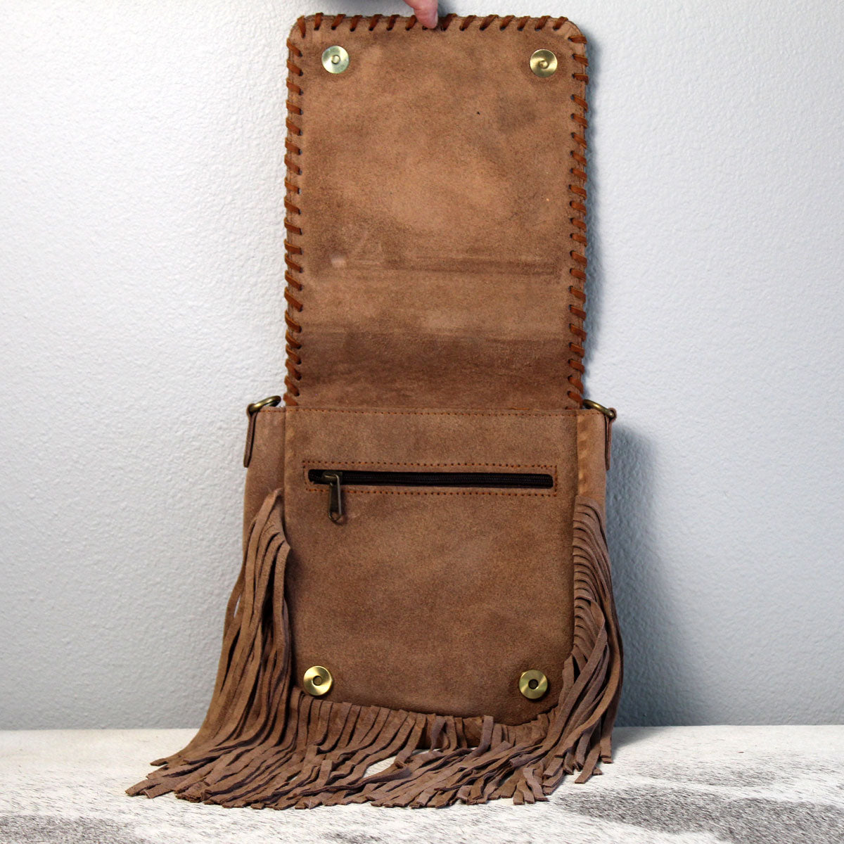 Fringed Square Cowhide Crossbody Purse Bag Khaki 3
