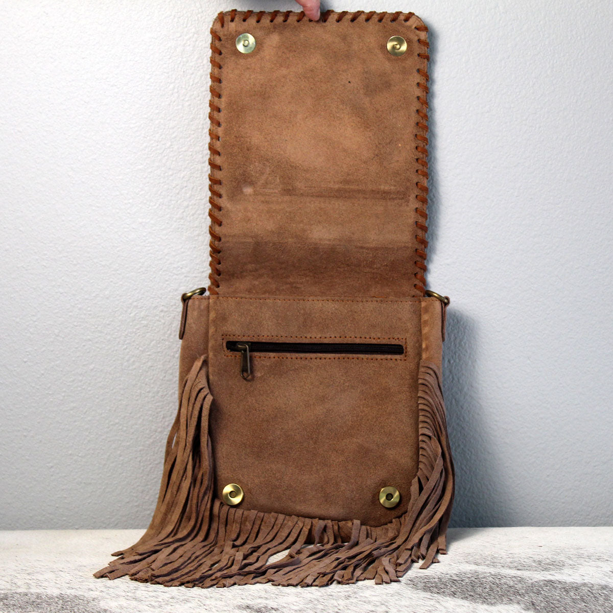 Fringed Square Cowhide Crossbody Purse Bag Khaki 3