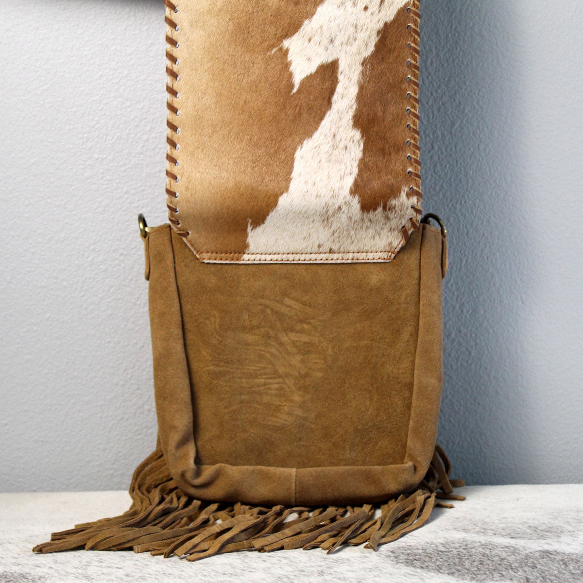 Fringed Square Cowhide Crossbody Purse Bag Tan