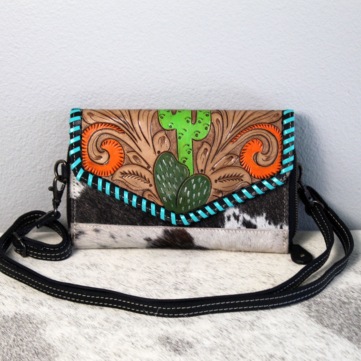 Tooled Leather Envelope Crossbody Purse Bag Clutch