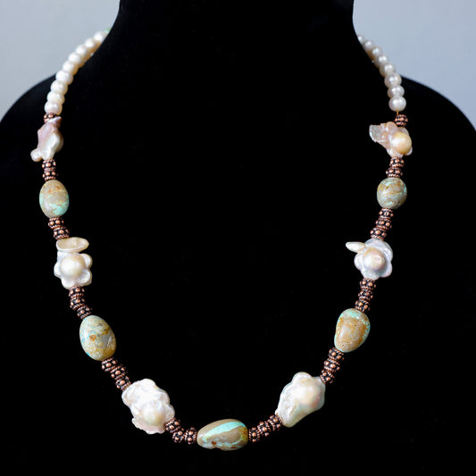 20" Kingman Turquoise & Baroque Pearl Western Necklace with Copper Toggle Clasp 101