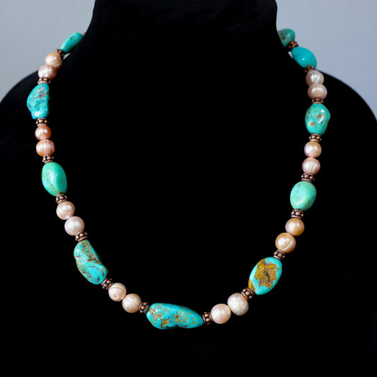 19" Kingman Turquoise & Freshwater Pearl Necklace with Copper Toggle Clasp 102