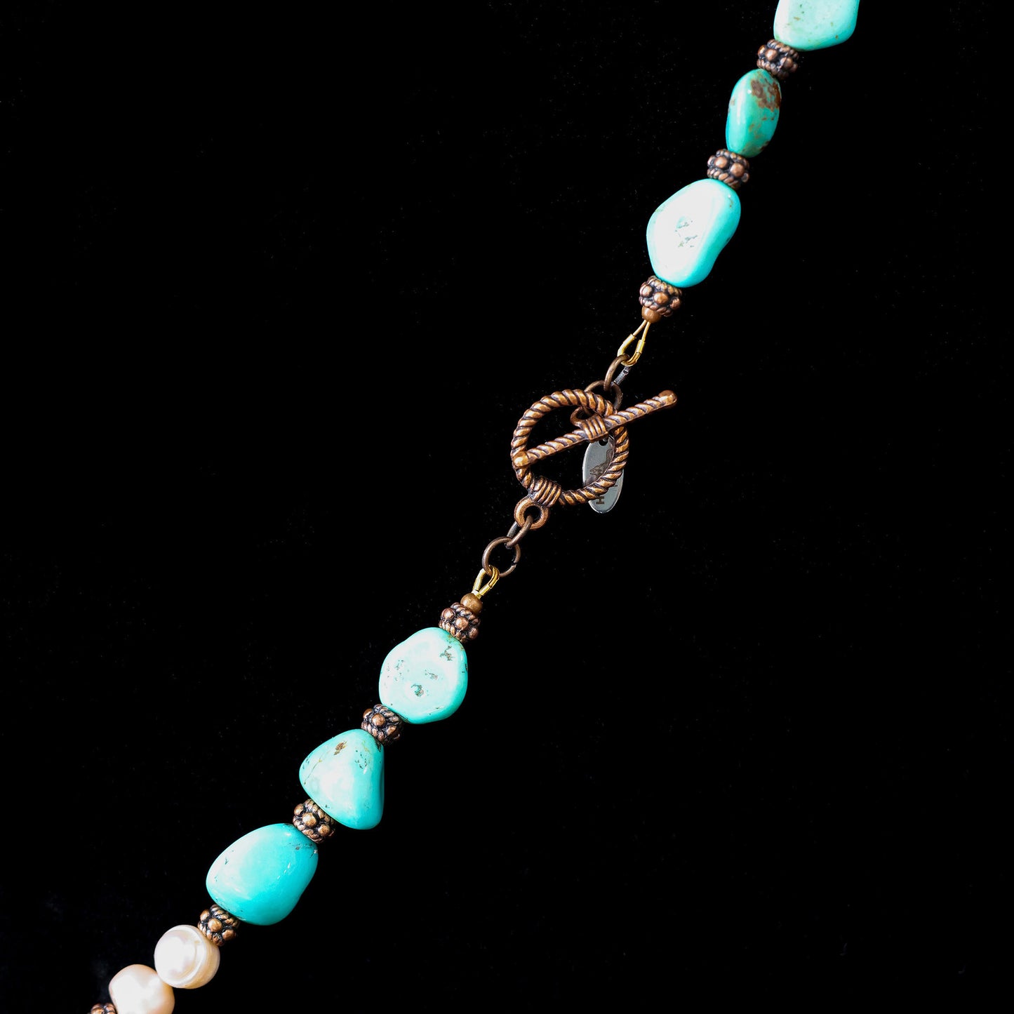 19" Kingman Turquoise & Freshwater Pearl Necklace with Copper Toggle Clasp 102