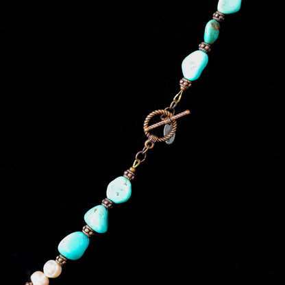 19" Kingman Turquoise & Freshwater Pearl Necklace with Copper Toggle Clasp 102