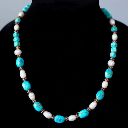 19.5" Kingman Turquoise & Freshwater Pearl Necklace with Copper Toggle Clasp 103