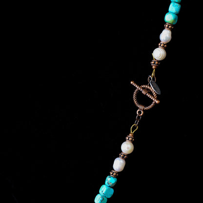 19.5" Kingman Turquoise & Freshwater Pearl Necklace with Copper Toggle Clasp 103