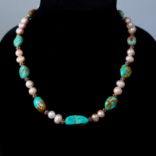 19" Kingman Turquoise, No. 8 Turquoise & FW Pearl Necklace /Copper Toggle Clasp 104