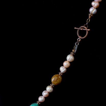 19" Kingman Turquoise, No. 8 Turquoise & FW Pearl Necklace /Copper Toggle Clasp 104