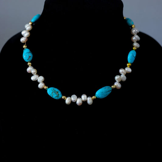 15" Kingman Turquoise & FW Pearl Necklace with Gold Magnetic Clasp 105