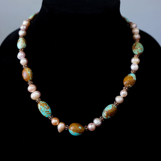19" No. 8 Turquoise & FW Pearl Necklace with Copper Toggle Clasp 106